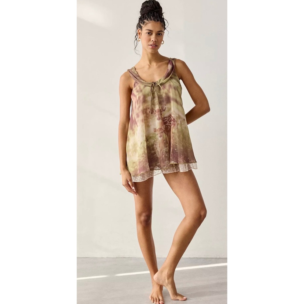 Out From Under Urban Outfitters Deer Mesh Babydoll Top XL Green Brown NWOT